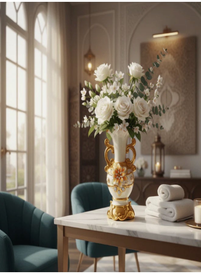 AKDC Luxury Ceramic Flower Vase – Elegant White with Gold Finish and Floral Embellishment, 25.5 cm - Image 2